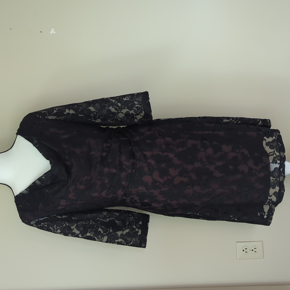 Coldwater Creek Lace Floral Cowl Neck Ruched Formal Dress 8 Black Brown